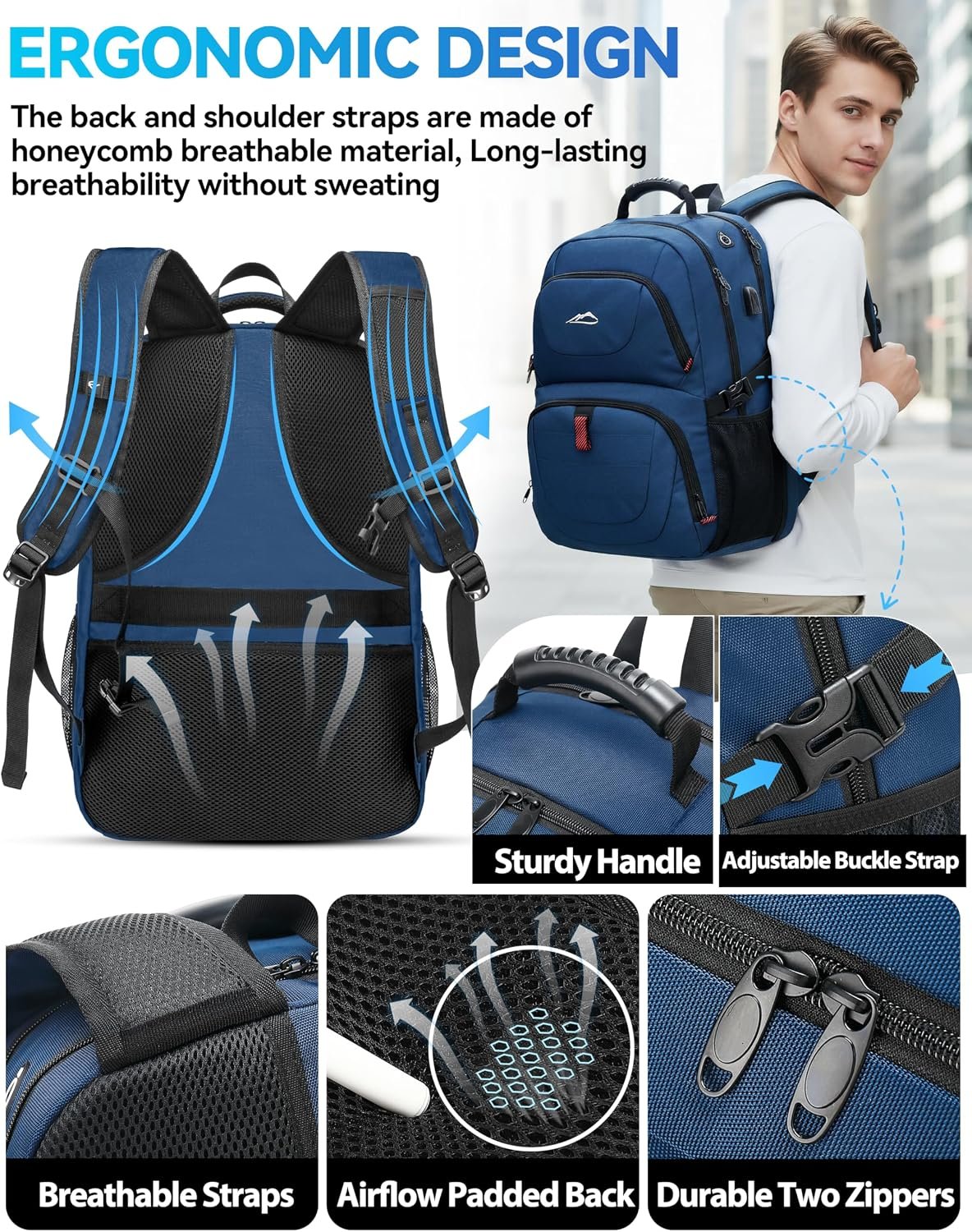 ProEtrade Travel Backpack, Extra Large Laptop Backpack Business Anti Theft TSA Approved College Work Computer Bag Fits 17 Inch Laptop with USB Charging Port for Women Men(Blue) - Image 5